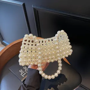Women Retro Hand Woven Artificial Pearl Phone Bag Elegant Beaded Underarm Shoulder Bag Fashionable Creamy White Handbag For Party Daily