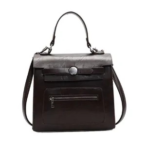 Vintage dark brown PU leather tote bag with silver magnetic snap and front zipper pocket