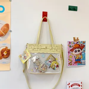 Bolso Ita para Mujer Ventana de PVC Transparente Cuero PU Corazón Remaches Bolso Tote Para Exhibición Pines Insignias Bolso de Hombro Escuela