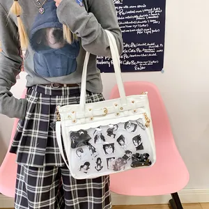Bolso Ita de cuero PU blanco con hebilla de corazón y ventana para anime