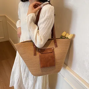 Grand sac fourre-tout en paille avec poche en similicuir brun pour plage ou quotidien