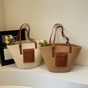 Grands sacs fourre-tout tissés avec poignées en cuir et poche avant pour la plage