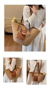 Détail du grand sac cabas en paille avec poche en cuir marron et fines bandoulières