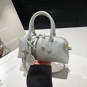 Women Fashion Lychee Grain PU Leather Boston Bag Simple Shoulder Crossbody Bag With Adjustable Strap And Round Tag