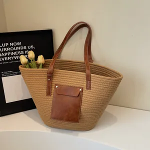 Sac Cabas Tissé de Grande Capacité Surpiqûres en Cuir PU Contrasté Sac à Épaule en Paille Décontracté Vacances à la Plage Voyage Femme