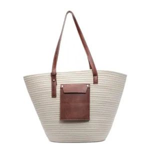 Sac cabas tissé minimaliste avec poignées en cuir marron et poche frontale externe