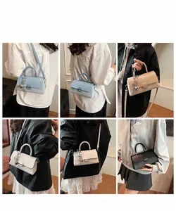 Présentation du sac à main minimaliste en bleu, beige, blanc et noir porté par modèle