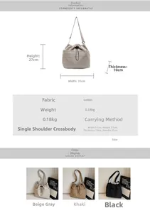 Tableau des dimensions détaillé et sac seau en nylon multicolore avec spécifications de taille
