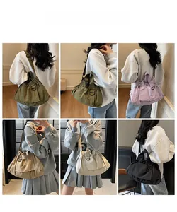 Collage of model wearing colorful large capacity crossbody bags with drawstring details