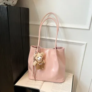 Women Glossy PU Leather Tote Bag Large Capacity Underarm Shoulder Bag Urban Minimalist Commuting Handbag With Bear Pendant