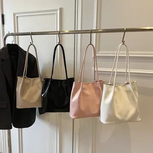 Minimalist soft PU leather shoulder tote bags in four neutral colors for women