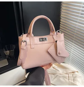 Detail of light pink leather handbag with silver twist lock and triangle coin purse