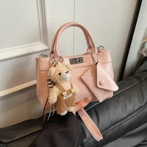 Vintage PU Leather Handbag For Women Large Capacity Square Shoulder Crossbody Bag With Bear Pendant And Sub-Bag Commuter Satchel
