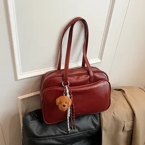 Women Large Capacity PU Leather Boston Shoulder Bag Vintage Commuter Underarm Bag With Dog Charm For Casual Travel