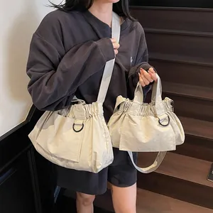Women Nylon Pleated Bucket Bag With Drawstring Casual Large Capacity Shoulder Bag Commute Tote Crossbody Bag Fashion Handbag