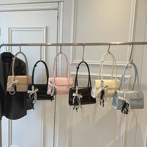 Minimalist square shoulder bags in six colors with ribbon and pearl pendant decor