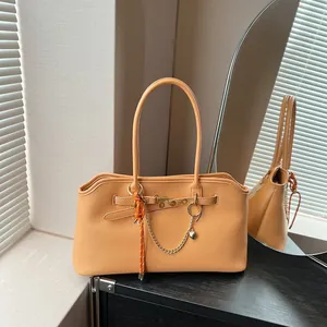 Large Capacity PU Leather Underarm Bag For Women With Gold Chain Heart Pendant Orange Braided Rope Fashion Shoulder Bag Office Commute Tote