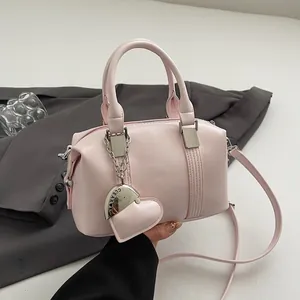 Fashion PU Leather Boston Bag For Women Large Capacity Handbag Shoulder Crossbody Bag With Heart Charm Urban Simple Style