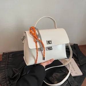 Minimalist Women PU Leather Crossbody Bag Solid Color Flip Flap Handbag With Orange Rope Charm Adjustable Strap Commuter Shoulder Bag