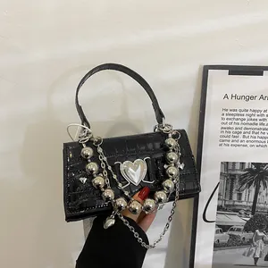 Petit Sac Bandoulière Femme Motif Crocodile Cuir PU Boucle Coeur Argent Chaîne à Billes Métal Mini Sac à Main Style Y2K