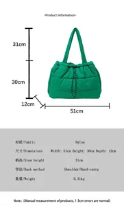 Size chart showing large green quilted nylon tote dimensions 51x30x12cm for women