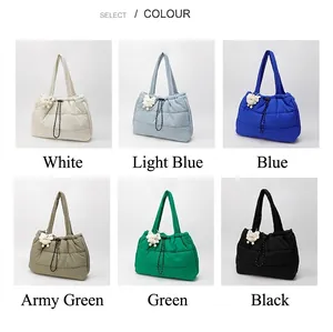 Quilted puffer tote bags displayed in six colors with cute plush bear charms