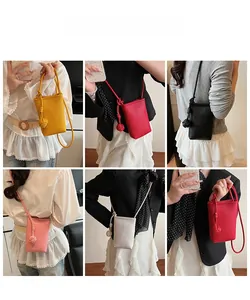 Detailed views of mini phone crossbody bags in multiple colors with woven knot straps