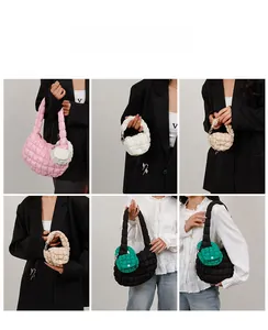 Detail view of quilted bubble cloud bags in pink, beige, white and black colors