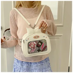 Detail of white PU leather Ita bag with large clear window and decorative bow