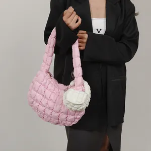 Pink quilted cloud handbag with mini white pouch charm for women's stylish fashion 2025