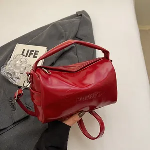 Women Fashion Shiny PU Patent Leather Boston Bag Minimalist Cylinder Underarm Bag With Detachable Shoulder Strap Korean Style Handbag Daily Tote Bag