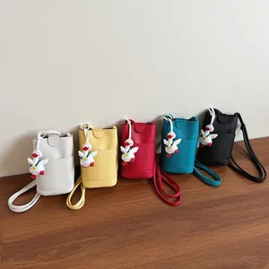 Mini soft leather bucket phone bags in five colors with cute goose pendants