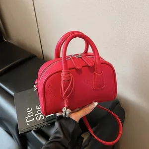 Women Litchi Pattern PU Boston Handbag With Metal Ball Pendant Small Shoulder Crossbody Underarm Bag Casual Fashion