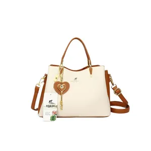 Women large capacity soft faux leather handbag in beige and brown with kangaroo logo