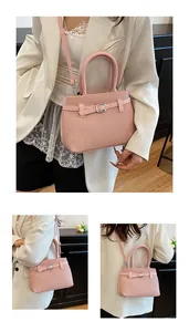 Detailed views of light pink woven handbag with silver metal buckle and strap