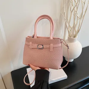 Women Woven Texture PU Leather Handbag 2025 New Fashion Large Capacity Crossbody Bag With Belt Buckle Urban Minimalist Top Handle Bag