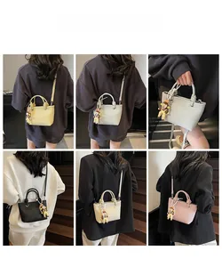 Mini tote bags for women in six colors shown with models for size and style comparison
