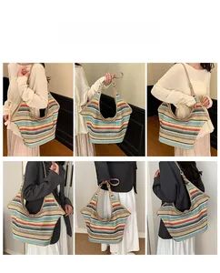 Detailed views of multi-color striped woven tote bag on a model for daily styling