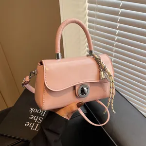 Vintage Women PU Leather Small Square Bag Top Handle Twist Lock Shoulder Crossbody Handbag With Scarf Pendant Fashion Daily Purse