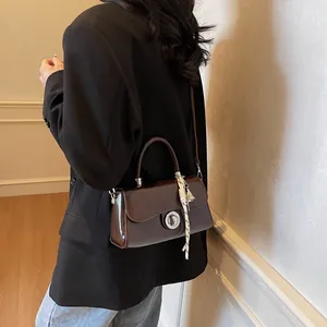 Vintage dark brown PU leather crossbody bag with metal lock and striped silk scarf