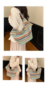 Close-up of multi-color striped woven straw hobo bag showing texture and large capacity