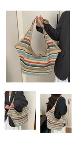 Detailed views of multi-color striped straw woven shoulder bag with brown leather straps
