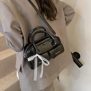 Retro black oil wax leather bowling bag with large capacity for women commuting