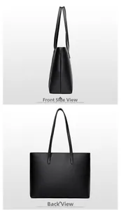 Vue détaillée de côté et de l'arrière du sac cabas noir en cuir grainé avec sangle