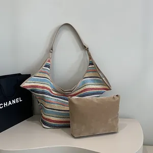 Bohemian Colorful Striped Woven Straw Tote Bag For Women Large Capacity Summer Beach Vacation Shoulder Bag With Magnetic Buckle