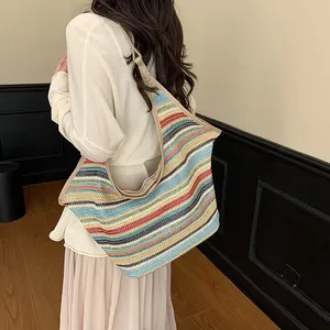 Bohemian striped knit tote bag for women featuring colorful patterns and large capacity
