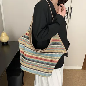 Colorful striped woven straw shoulder bag for summer beach fashion and daily commute