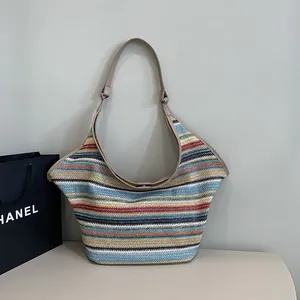 Handwoven colorful striped hobo straw bag with leather shoulder strap for summer vacation