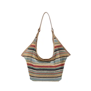 Colorful striped woven straw shoulder bag with sleek khaki strap for summer beach style