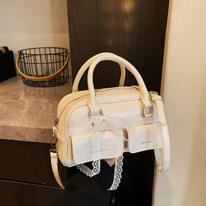 Vintage Oil Wax PU Leather Boston Bag For Women Large Capacity Lace Bow Handbag Shoulder Crossbody Bowling Bag For Daily
